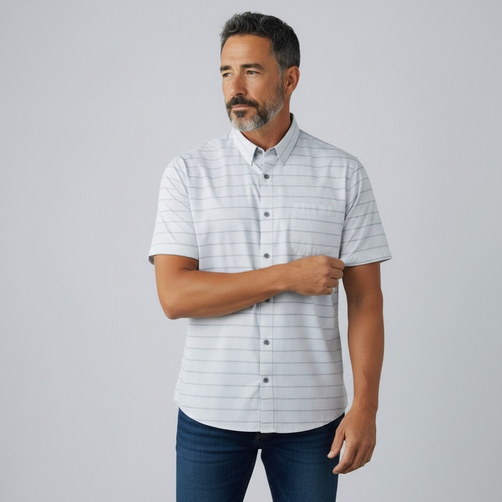 Travis Mathew Mens 3XL Blue White Stripe Short Sleeve Woven Button Up Golf Shirt
